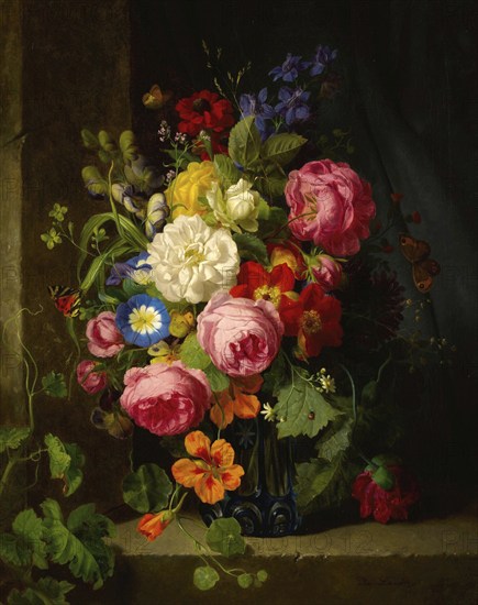 Still life with flowers in a blue crystal vase, painting by Josef Lauer (1818, 1881), Austrian still life painter who was active in the Biedermeier period, among others