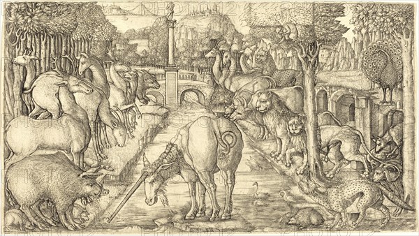 The unicorn purifies the water with its horn, 1555, Jean Duvet, France, Historic, digitally restored reproduction from a 19th century original, Record date not stated, Europe