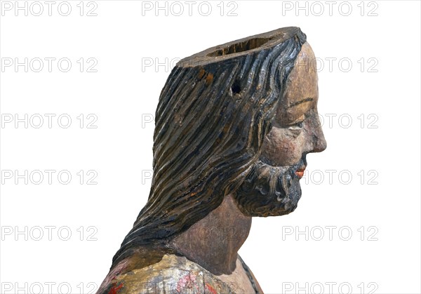 Detail of the Palmesel, wooden figure from around 1380, head of Christ on a white base, Hohenzollerisches Landesmuseum, Hechingen, Baden-Württemberg, Germany, Europe