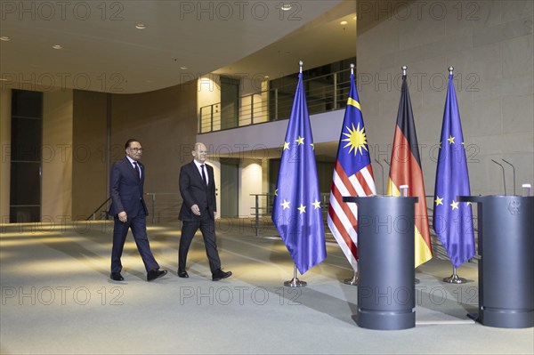 Federal Chancellor Olaf Scholz (SPD) with Anwar Ibrahim, Prime Minister of Malaysia, at a press conference at the Federal Chancellery in Berlin, 11 March 2024