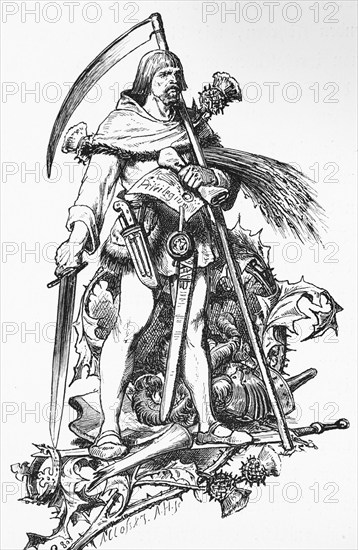 Emblem, symbol, Dithmarschen, Schleswig-Holstein, farmer, fighter, document, seal, weapons, dagger, sword, scythe, thistle, Germany, historical illustration 1880, Europe