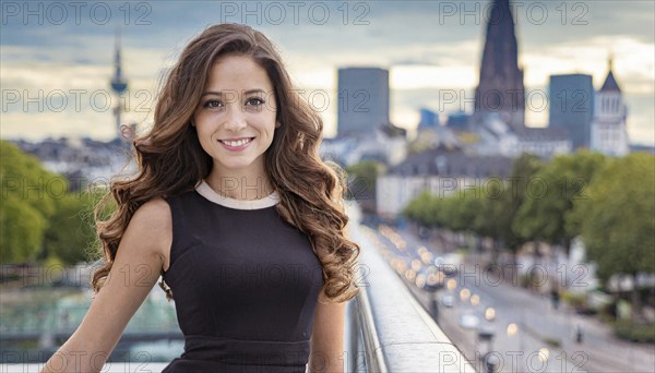 A woman in an evening dress smiles on a city bridge with twilight lights, AI generated, AI generated