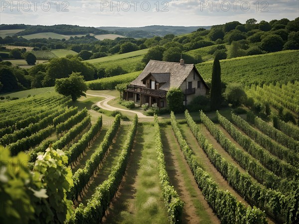 AI generated aerial view of a rustic vineyard cottage nestled amidst lush summer colored vine leaves