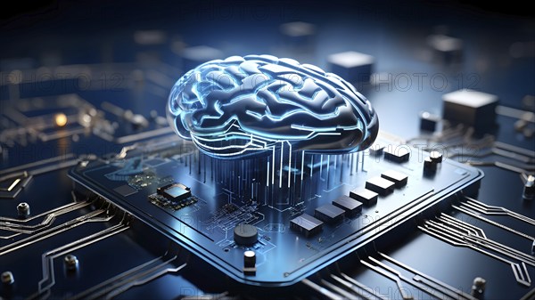 Human brain intricately interlinked with the circuits of a computer board symbolizing artificial intelligence, AI generated