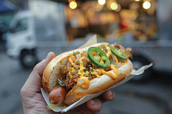 Hand holding hot dog topped with caramelized onions and jalapenos. Generative Ai, AI generated