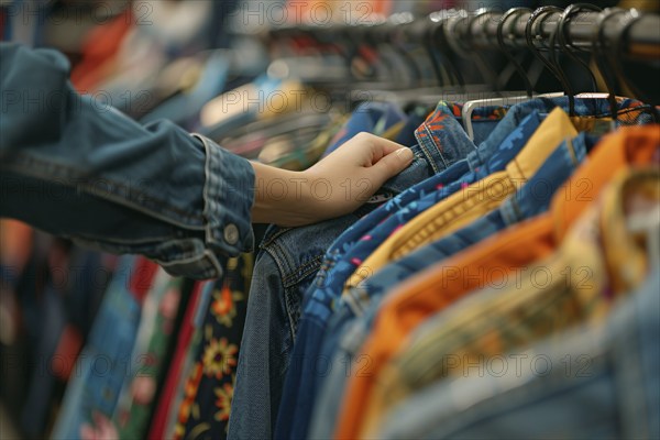 Hand browsing through rack full of shirts in clothing shop. Generative Ai, AI generated