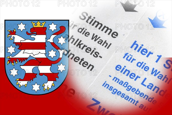 Symbolic image of the state election in Thuringia: Flag of Thuringia and close-up of a ballot paper. The next state election will take place in September 2024