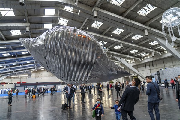 Mechanical flying objects, filled with helium, controlled by fine mechanics, movements copied from animals, birds, fish, bionics applied, to illustrate technical processes, by automation specialists Festo, at the Hannover Messe, Lower Saxony, Germany, Europe