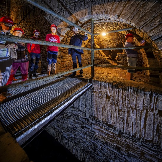 Wheel room of the Unverhofft Segen Gottes Erbstolln in Oberschöna, where there is a 13 metre high and 2.5 metre wide vault, in which a water wheel was operated in the 18th century, which kept the pumps running at a depth of 70 metres, 19th Day of the Mining and Metallurgy Exhibition in the District of Central Saxony, Oberschöna, Saxony, Germany, Europe