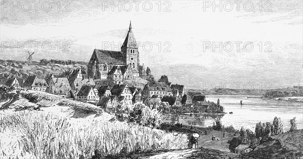 Town view of the small town of Mölln, St Nicolai Church, windmill, moraine landscape, fields, Mölln Lake District, Duchy of Lauenburg, Schleswig-Holstein, Germany, historical illustration 1880, Europe