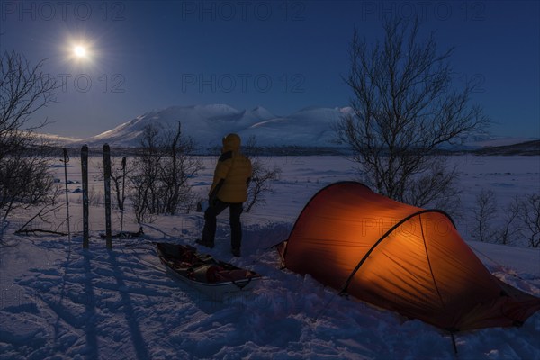 Tent in mountain landscape, Sarek National Park, World Heritage Laponia, Norrbotten, Lapland, Sweden, man, Scandinavia, Europe