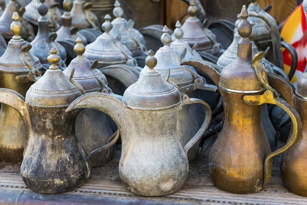 Traditional coffee pots, pot, coffee, mocha, Muslim, Islam, Arabic, old, Orient, oriental, travel, culture, cultural history, drink, flea market, market, junk, shopping, souvenir, history, believer, old town, tourism, art, Souq Waqif, Doha, Qatar, Asia