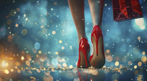 Attractive woman in red shoes holding a red bag. Concept of luxury lifestyle and expensive shopping, AI generated