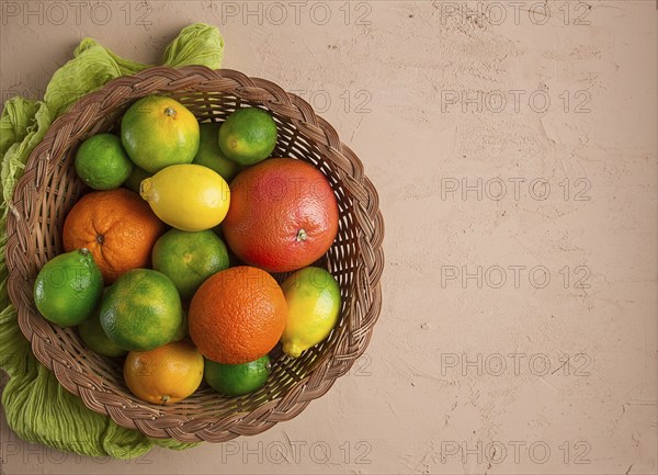 Assortment, citrus fruits, in a basket, close-up, top view, no people