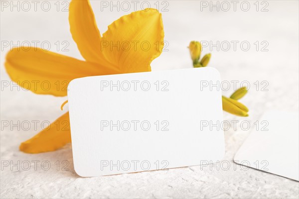 White paper business card mockup with orange day-lily flower on gray concrete background. Blank, side view, copy space, still life. spring concept