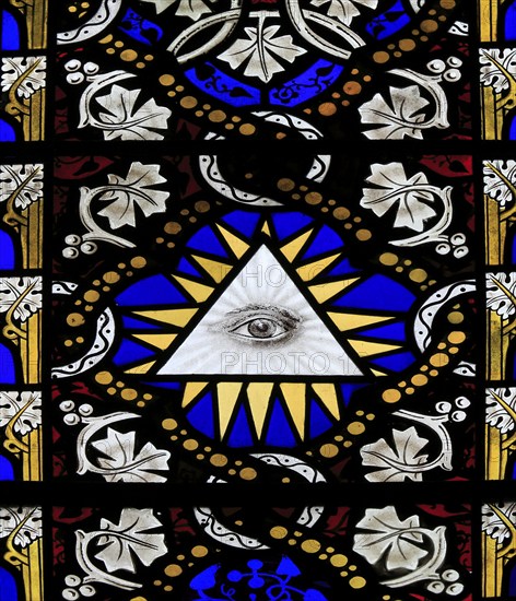 Church of Saint Mary Magdalene stained glass window, Thornham Magna, Suffolk, England, UK, The All Seeing Eye