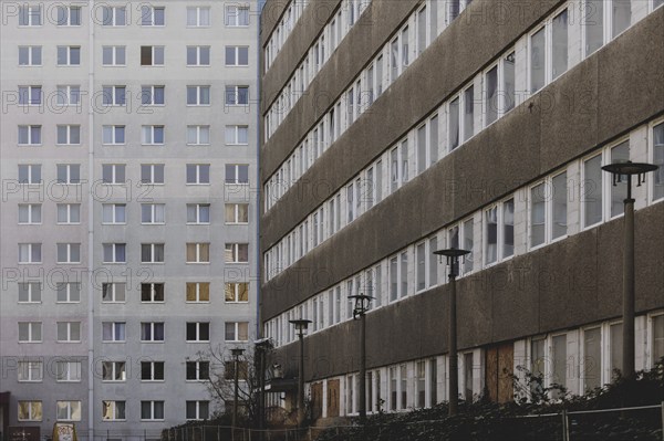 Prefabricated buildings, photographed in the Berlin district of Lichtenberg in Berlin, 29/02/2024