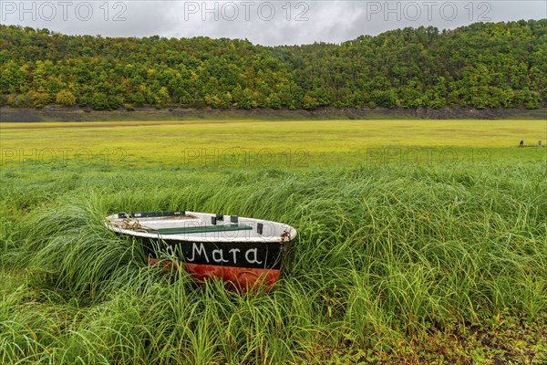 The Edersee, near Waldeck, the third largest reservoir in Germany, is currently only 13% full, the lake was last full in May 2022, dried out due to lack of rain, stranded rowing boat, La Mara, the lake shore and the lake bottom is overgrown with fresh grass, Hesse, Germany, Europe