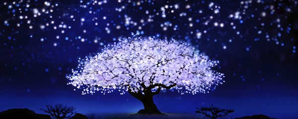 Sakura tree blossoming with pink petals and branches reaching towards a star studded night sky, AI generated