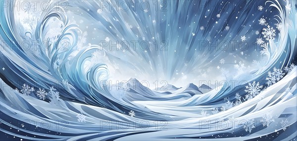 Abstract illustration of dreamy, icy landscape with swirling blues, whites, and silvers, evoking the feeling of a cold winter's breeze, AI generated