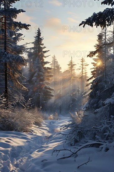 Peaceful snowy forest clearing at dawn with snow softly blanketing the ground and frost-covered pine trees, AI generated