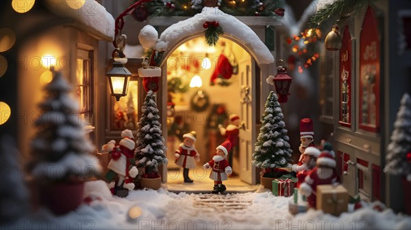 Traditional advent calendar door opening, showing a tiny festive scene inside with miniature decorations, AI generated