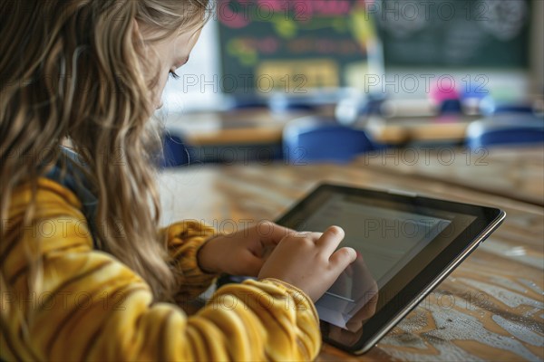 Young girl child learning with digital tablet notebook on in school. Concept for modern technology in education. Generative AI, AI generated