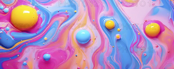 Abstract image with colorful yellow and turquoise blobs and liquid shapes on a pink background, AI generated