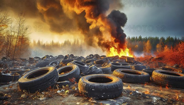 Symbolism, large junkyard with old burning car tyres, AI-generated, AI-generated, AI generated