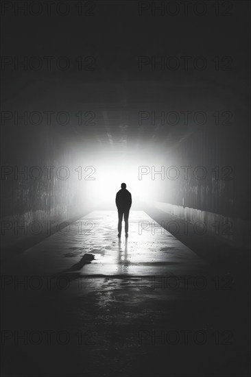 Silhouette of a man standing in a tunnel, light at the end of the tunnel, symbolic image for near-death experience, death, psychology, threat, danger, fear, parapsychology, trauma, AI generated, AI generated, AI generated