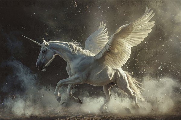 Beautiful running Pegasus with unicorn horn. KI generiert, generiert, AI generated