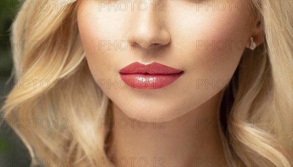 Close-up of lips with pink lipstick and blonde hair of a woman, AI generated, AI generated