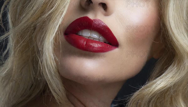 Woman, close-up of red lips surrounded by blonde hair, AI generated, AI generated