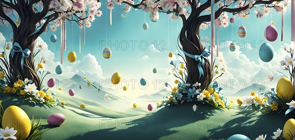 Surreal Easter scene with floating eggs, ribbons, and flowers in a dreamlike, whimsical composition of light and shadow, AI generated