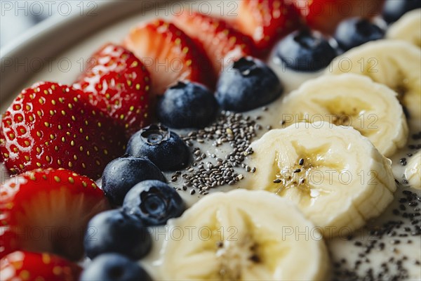 Close up of healthy breakfast bowl with yoghurt, chia seeds and fresh strawberry, blackberry and banana fruits. Generative Ai, AI generated