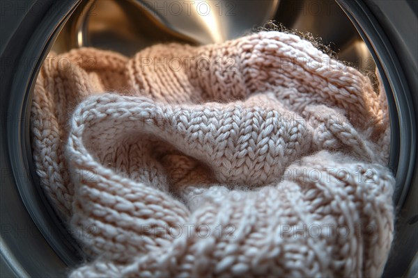 Close up of knitted wool sweater clothes in open washing machine. Generative Ai, AI generated