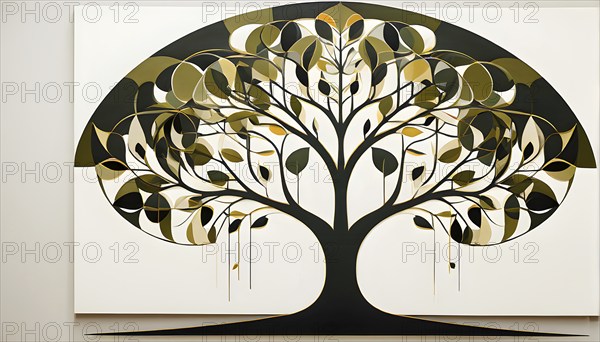 Abstract geometric tree with a circular canopy and a rectangular trunk, arranged in a clean, balanced design with a limited color palette of olive green, deep brown, and ivory, AI generated