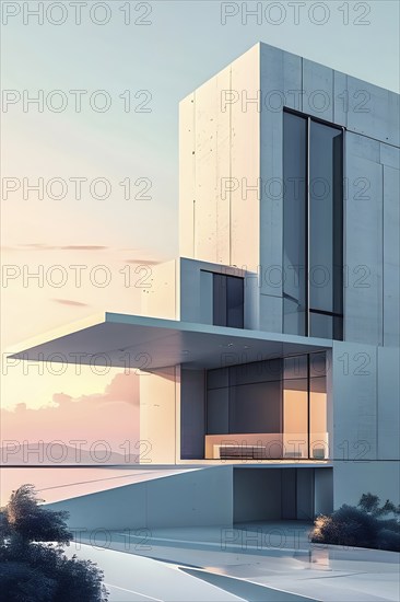 Minimalist architectural composition of modern buildings, with clean angles, rendered in geometric forms and soft hues of grey, cream, and light blue, AI generated