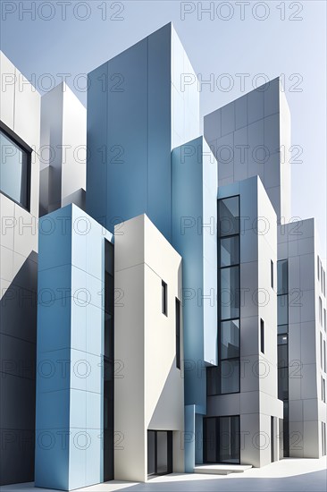 Minimalist architectural composition of modern buildings, with clean angles, rendered in geometric forms and soft hues of grey, cream, and light blue, AI generated