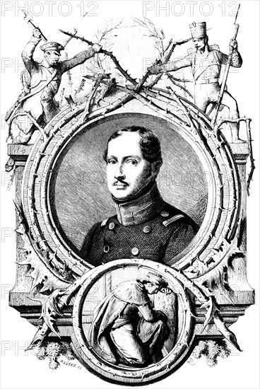 Portrait of Frederick William III, Hohenzollern, King of Prussia and Elector of Brandenburg, uniform, soldiers, foliage, rising sun in a laurel wreath, thorns, frame, mourning at the gravestone, Prussia, historical illustration 1882