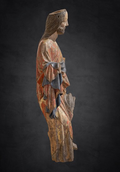 Palmesel, wooden figure from around 1380, figure of Christ, isolated on a dark background, Hohenzollerisches Landesmuseum, Hechingen, Baden-Württemberg, Germany, Europe