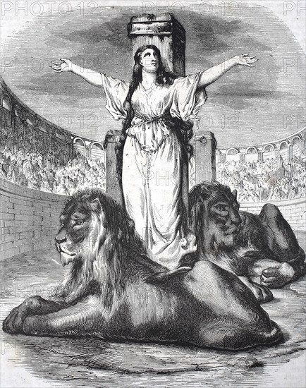 Historical, digitally restored reproduction from a 19th century original, Record date not stated, Blandine and the lions, Blandina of Lyon (* around 150, † around 177 in Lyon) is an early Christian martyr and saint