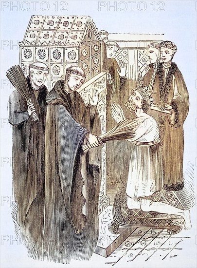 Henry II's penance at Thomas Becket's shrine From The National and Domestic History of England by William Aubrey, London c. 1890, Historical, digitally restored reproduction from a 19th century original, Record date not stated