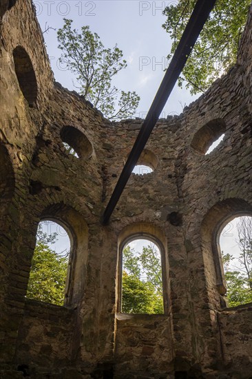 The Blechburg is a ruined former lookout tower with a viewing bastion at the northern end of the Jägerberg on the Wahnsdorfer Flur in the town of Radebeul in Saxony. The ruin stands in the middle of a forest that has grown up in recent decades on the edge of the slope at around 235 metres, Radebeul Weinhänge, Radebeul, Saxony, Germany, Europe