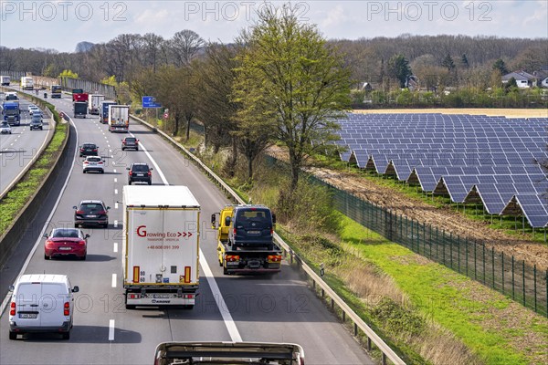 Solar park near Neukirchen-Vluyn, along the A40 motorway, over 10, 000 solar modules spread over 4.2 hectares, generating 6 million kilowatt hours per year, North Rhine-Westphalia, Germany, Europe