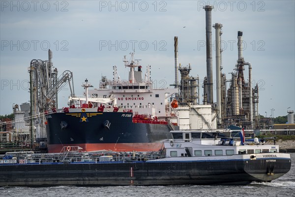 Petroleumhaven, Shell Terminal Europoort, crude oil tank farm, large tanks, and loading terminals for overseas and inland vessels, Europoort large tanker, crude oil tanker PS Stars, being unloaded, refinery, Port of Rotterdam, Netherlands