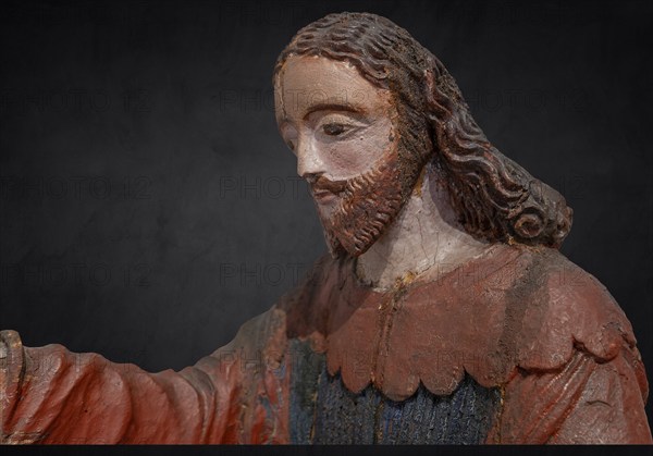 Christ on the palm donkey, on a dark background, detail, wooden figure from around 1400, Museum Bezau, Vorarlberg, Austria, Europe