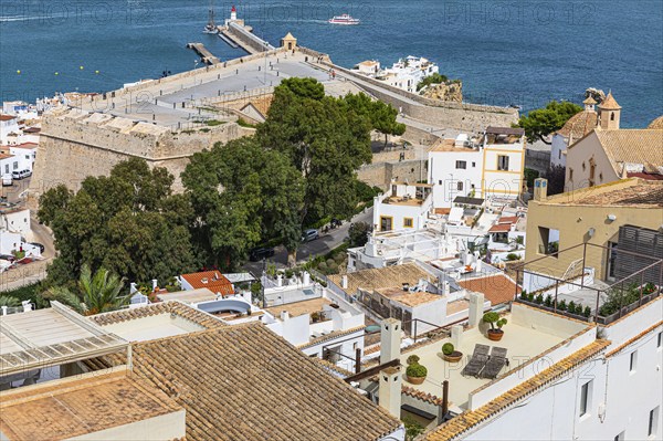 Above the rooftops of the old town of Eivissa, Ibiza Town, with views of the fortress, Ibiza, Balearic Islands, Mediterranean Sea, Spain, Europe