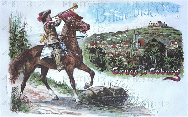 Historical, digitally restored reproduction from a 19th century original, Record date not stated, Post rider on horseback with a fanfare around 1900, in front of the scenery of, Coburg, Upper Franconia, Bavaria, Germany, Europe