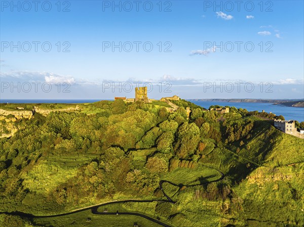 Scarborough Castle from a drone, Scarborough, North Yorkshire, England, United Kingdom, Europe